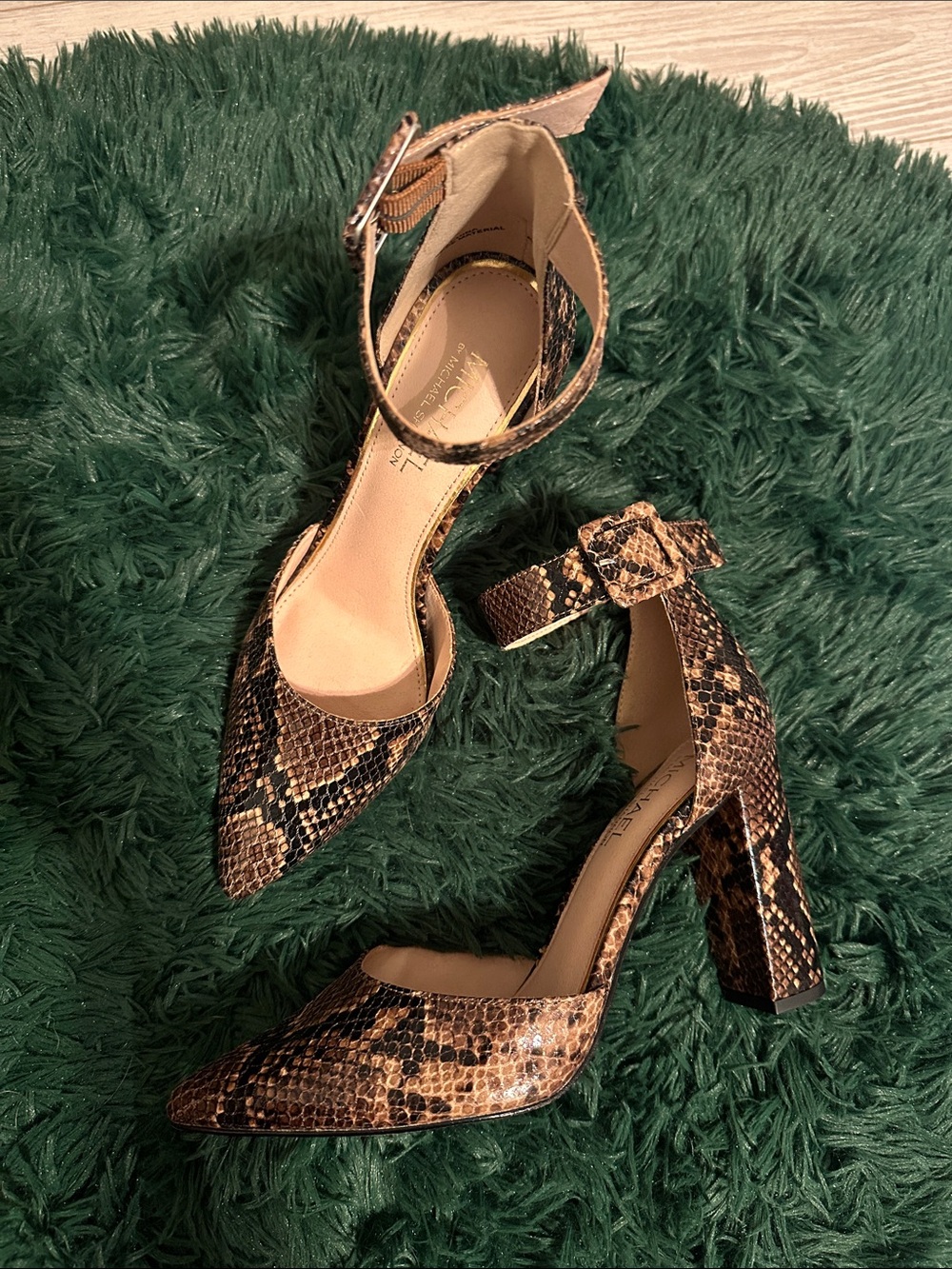 Michael Shannon Romina Snake-Print Ankle-Strap Block Heel Pumps - Brown Size 9